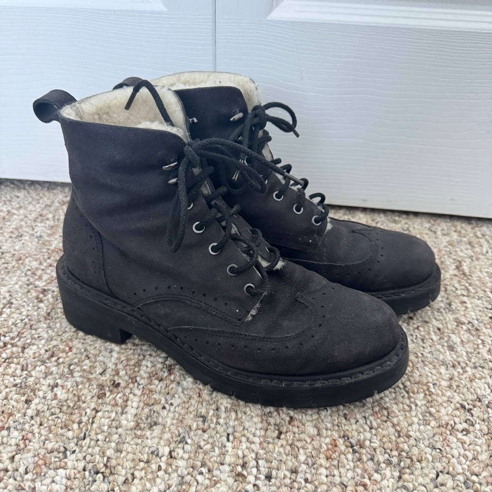 Rag & and Bone Cozen Fur Shearling Lined Leather Suede Lace Up Boots, Asphalt